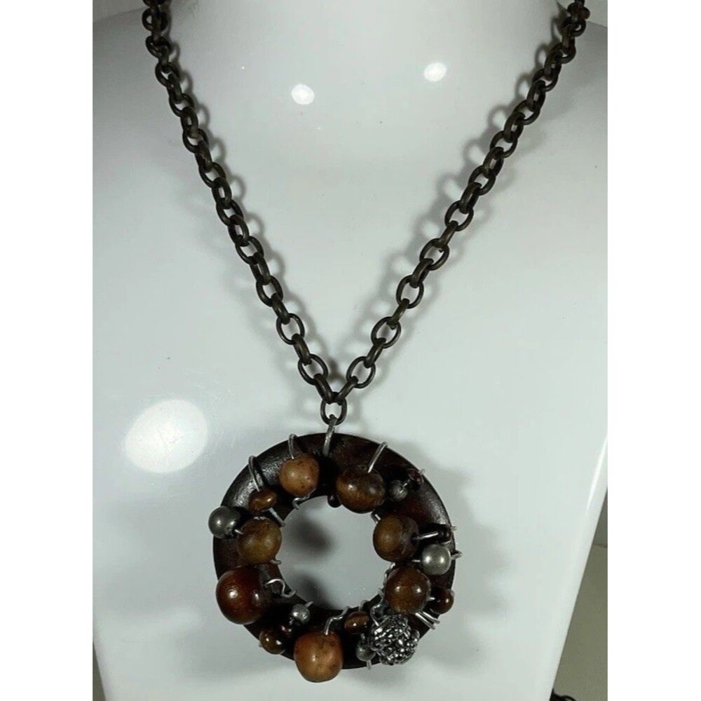 Artisan Crafted Necklace Large Beaded Wooden Ring Wire Wrapped on Dark Chain 16”